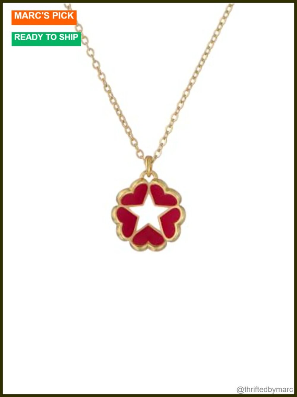 Gold Tone Plated Brass Heart Star Pendant Necklace with Red Enamel Detailing